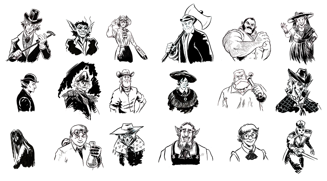 Western Tabletop Role-playing Game Bust Portraits for NPCs, Ink, 4x6 inches each